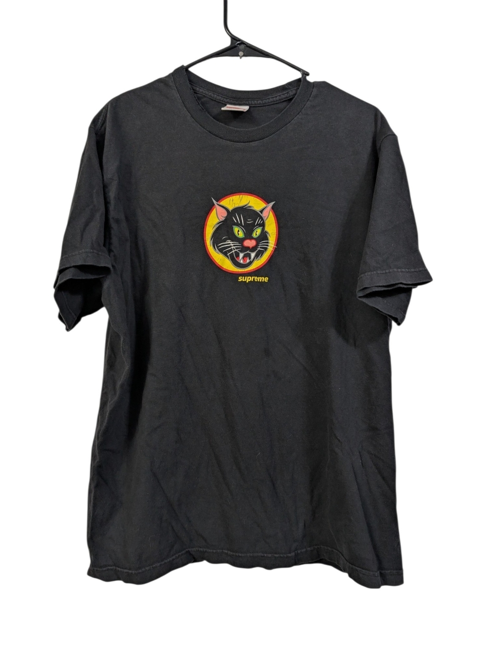 Supreme Size Large Black T-Shirt with Yellow & Red Cat Emblem